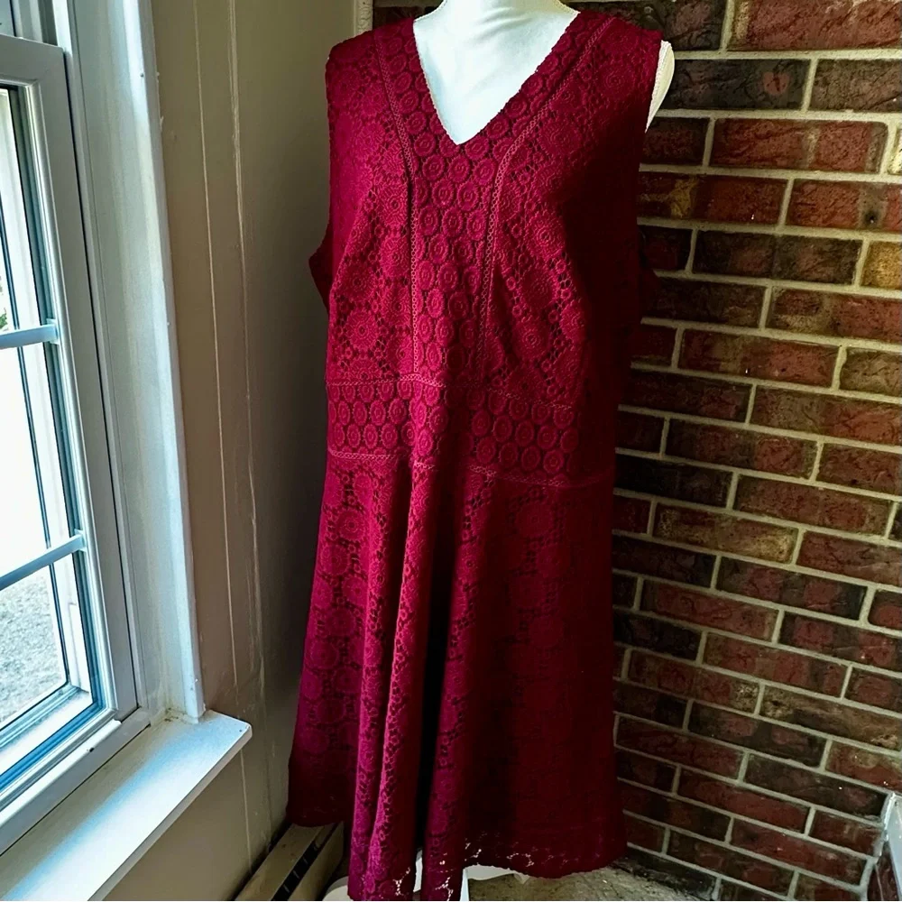 Charter Club Burgundy Lace Midi Dress Crochet Lace Flowers Boho Chic Witchy Vibe